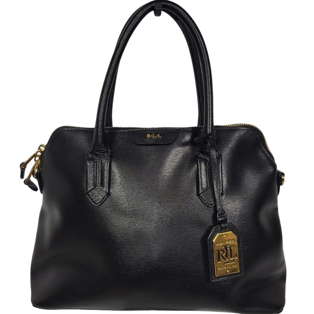 Lauren Ralph Lauren Tate Dome Satchel Black Leather w Gold Monogram Luggage Tag